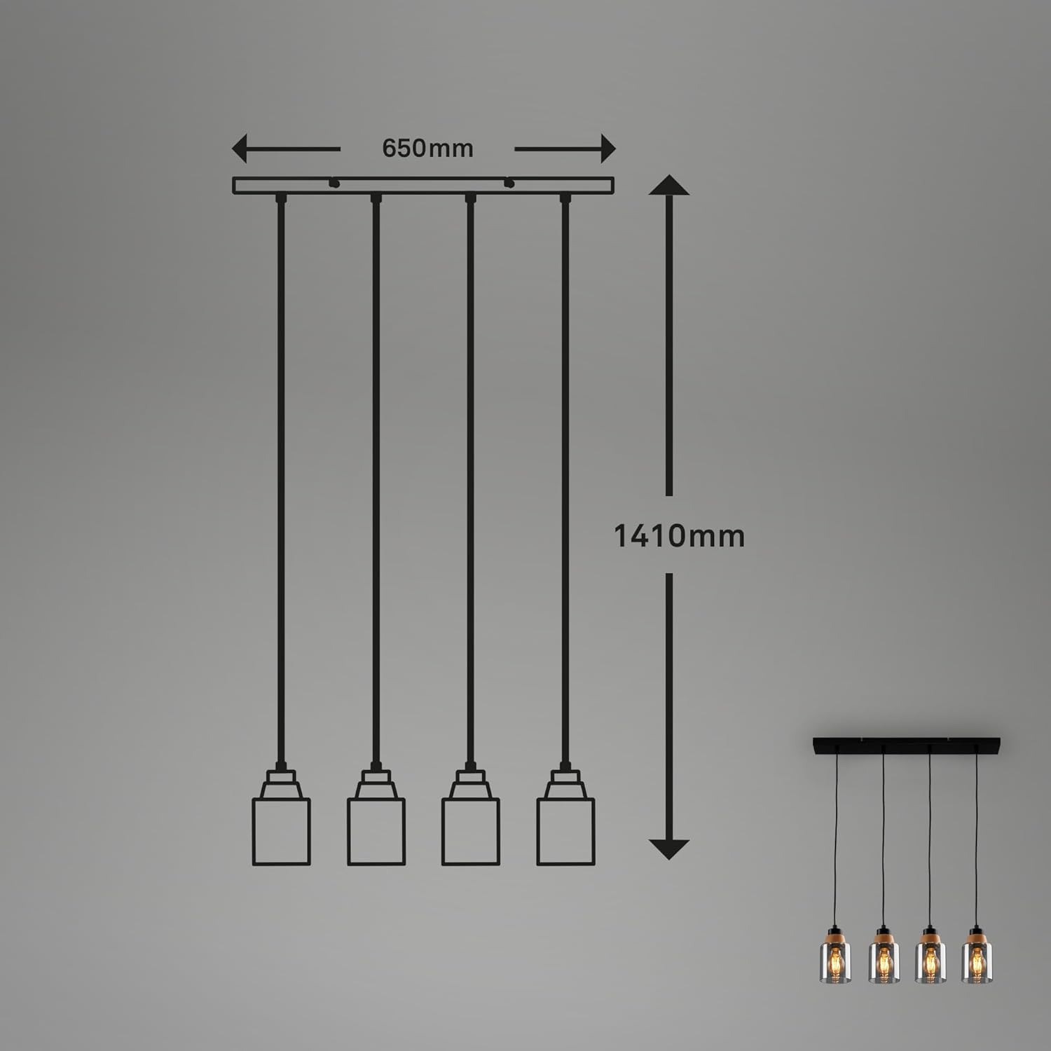 BRILONER – 4-flammige Pendelleuchte, Rauchglas, Deckenlampe, Deckenleuchte, Lampe, Wohnzimmerlampe, Lampenschirm aus Rauchglas, Hängelampe, Kronleuchter, Schlafzimmerlampe, Schwarz-Holz