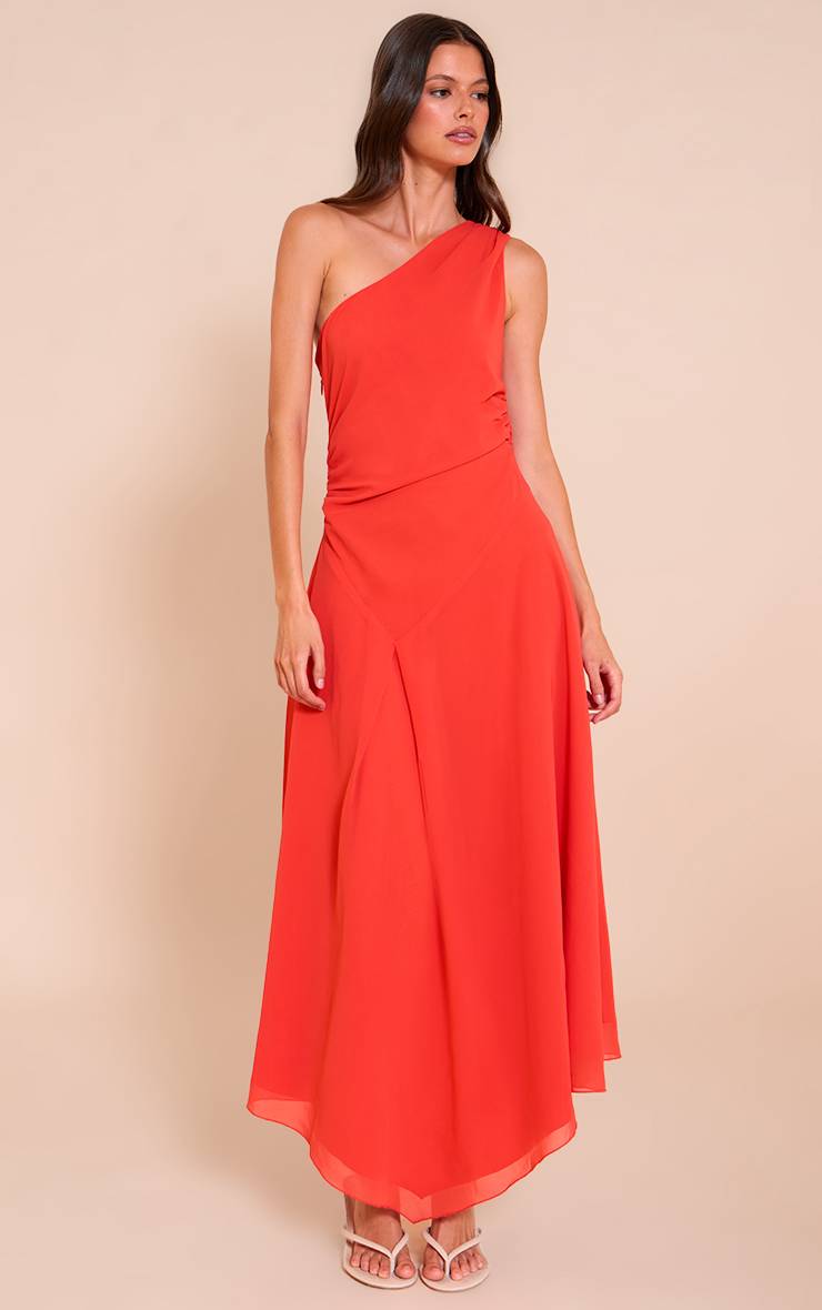 Rouge Tomate Robe Longue Asymétrique À Une Épaule