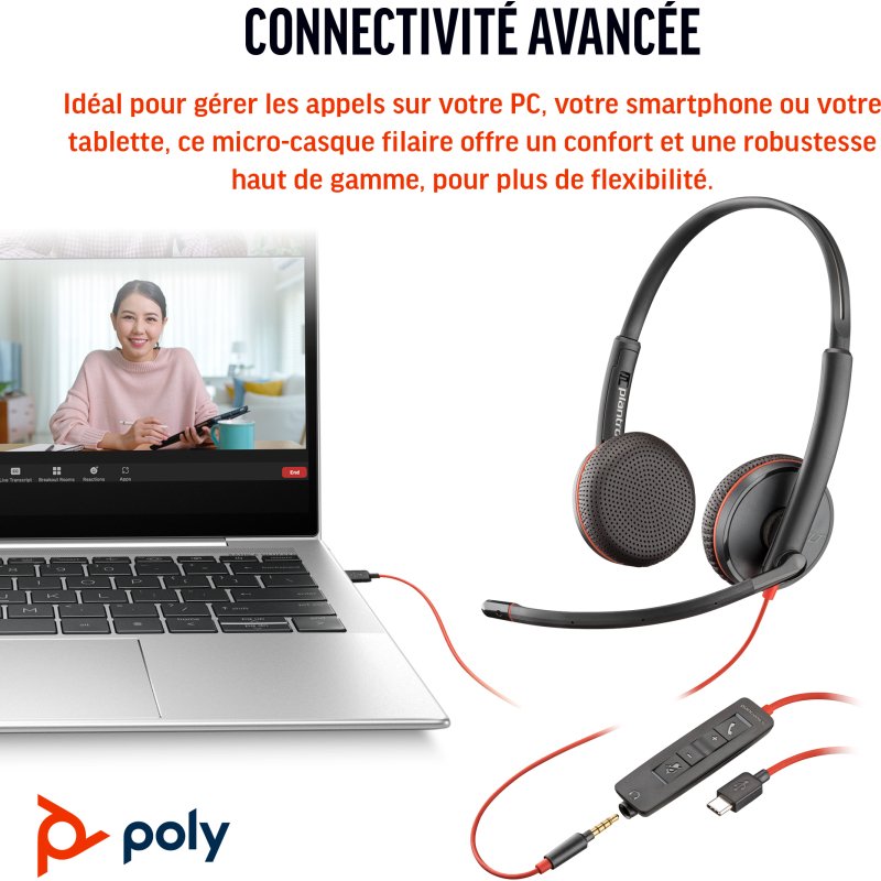 HP Poly Micro-casque stéréo USB-C Poly Blackwire 3225 + prise 3,5 mm + adaptateur USB-C/A (lot)