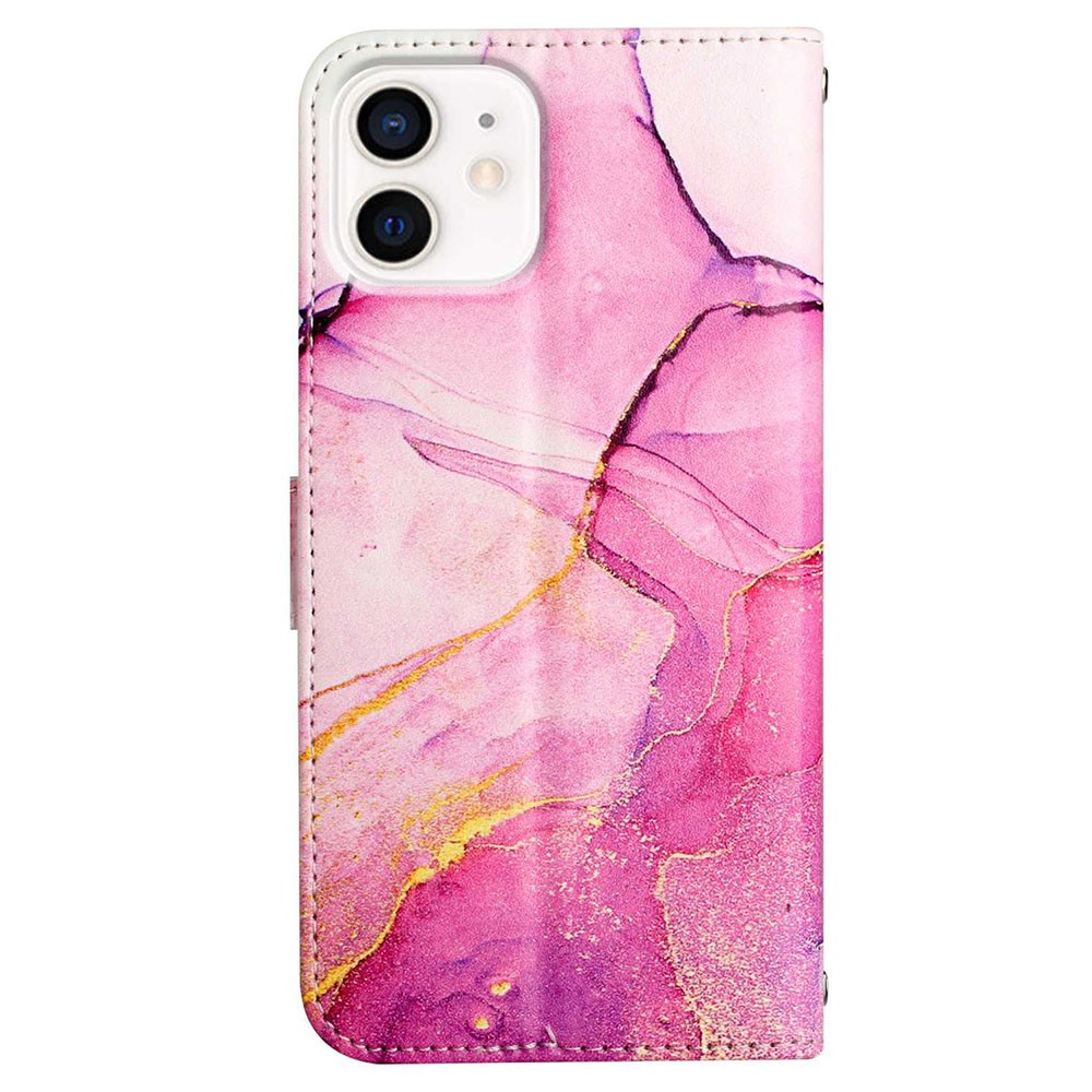 iPhone 12 / iPhone 12 Pro Leder Tasche mit Kartenfach   Handschlaufe Marble Marmor - Pink / Rosa