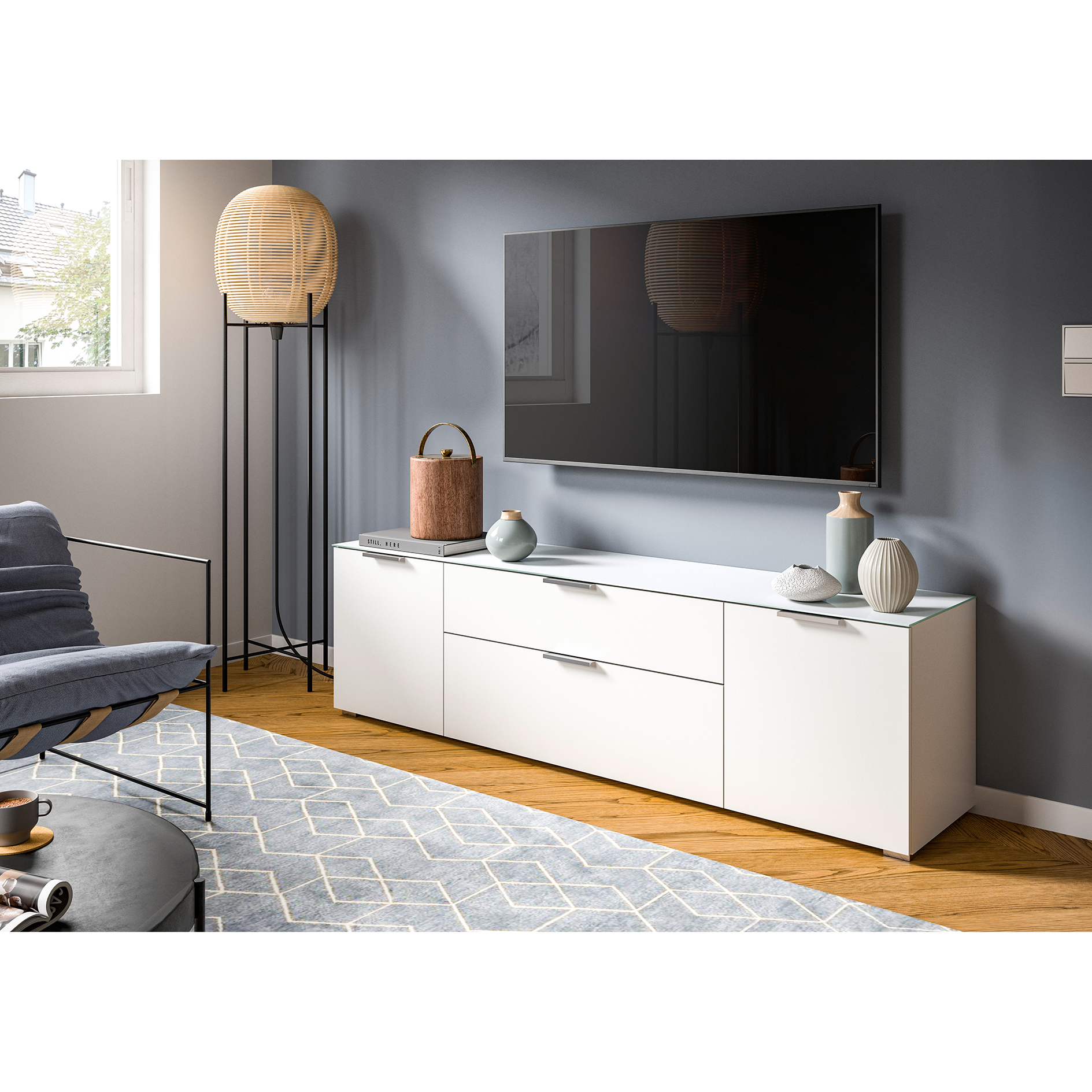 Kommode RAY - weiß - Glasplatte - 179 cm