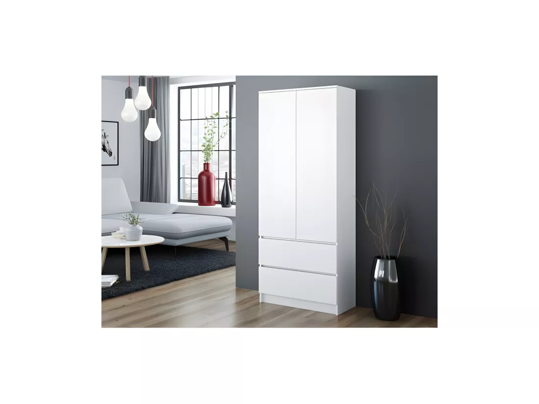 TURIN | Armoire chambre bureau | Penderie multifonctions | 2 portes | 2 grands tiroirs | Meuble de rangement | Dressing