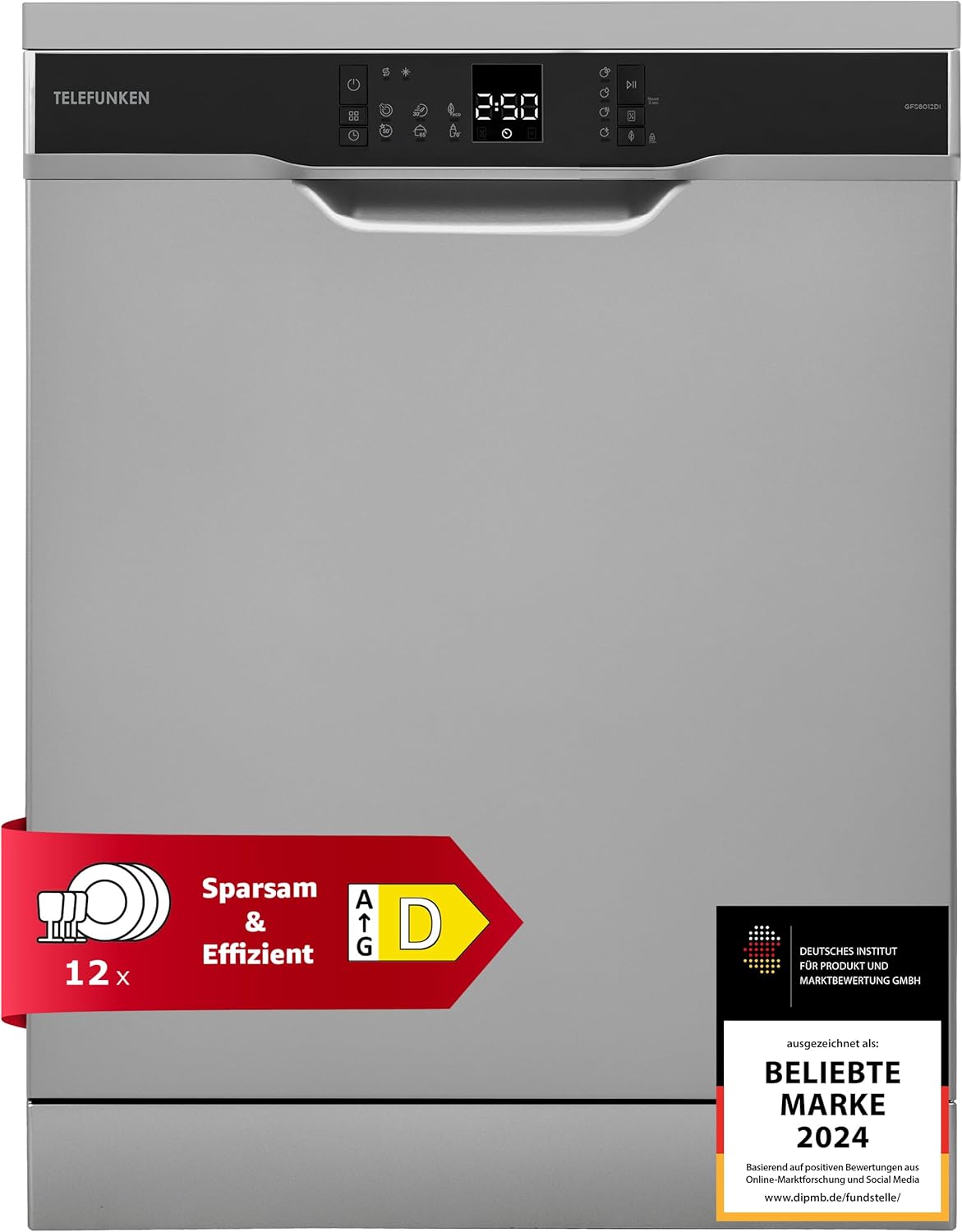 Telefunken Geschirrspüler freistehend 60 cm, Spülmaschine Silber, 12 Maßgedecke, 6 Programme, AquaStop, Startzeitvorwahl, leise 45 dB, Speed-Wash, Eco, höhenverstellbar, Besteckkorb, GFS6012DI