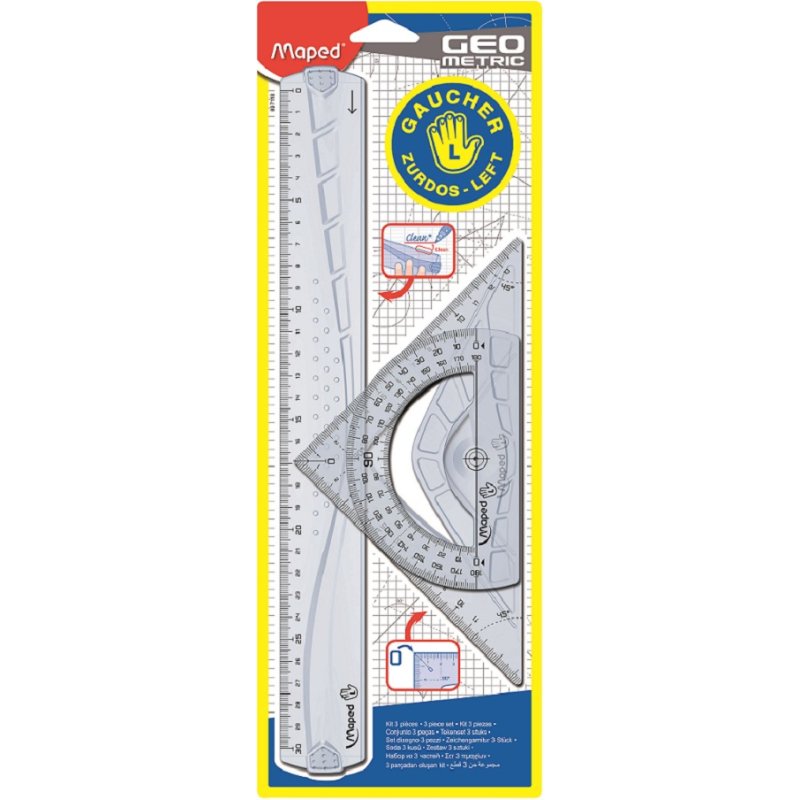 Kit de géométrie pour gauchers, 4 pièces, transparent