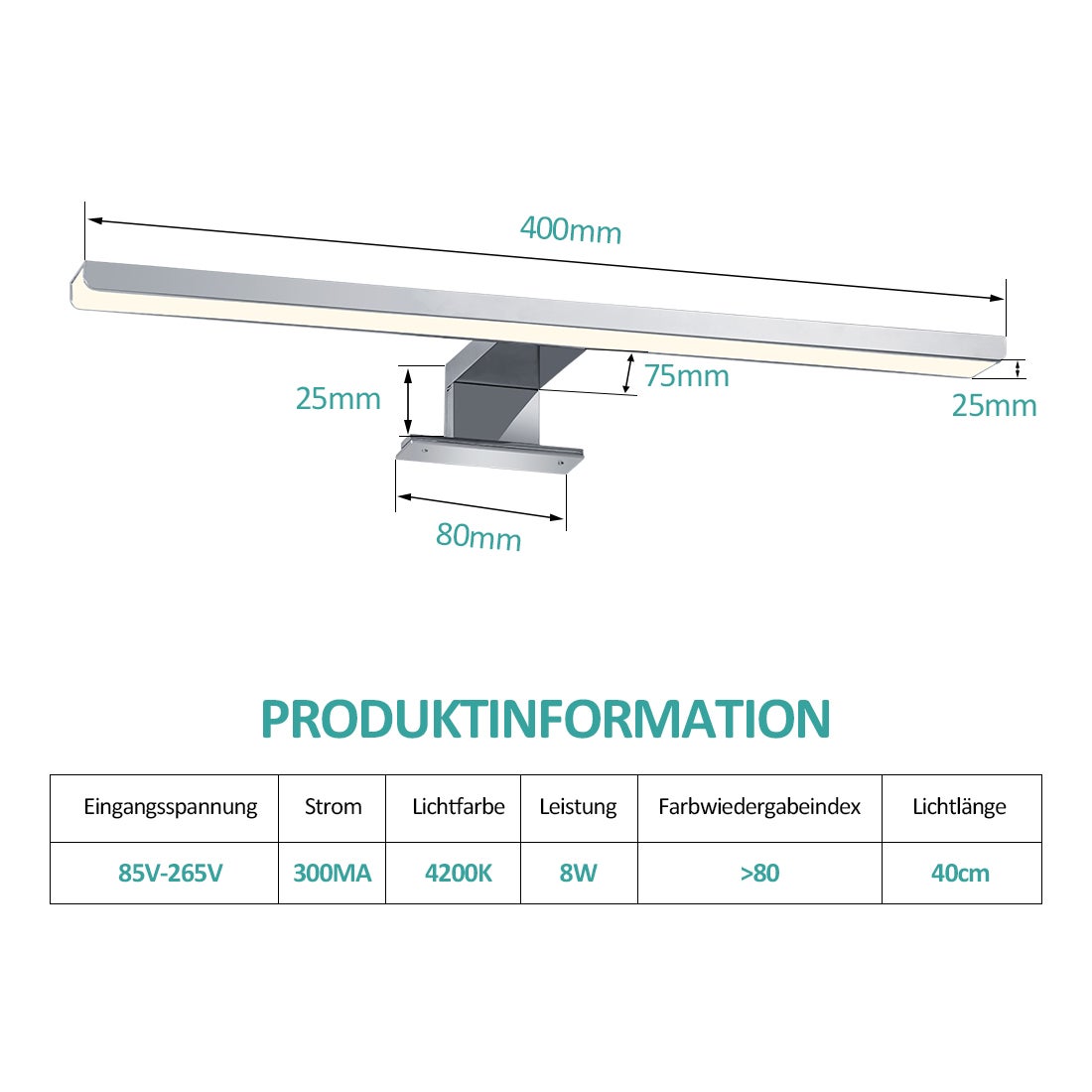 EMKE LED-spiegellamp, 40 cm spiegellamp voor badkamer, IP44, kastlamp, chroom, neutraal licht 4200K