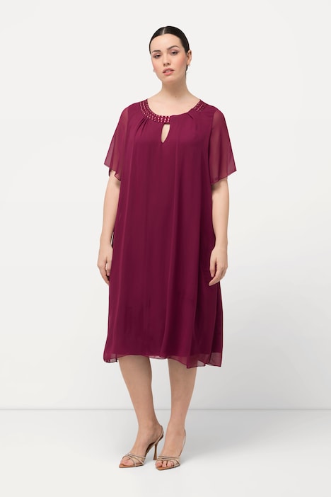 Chiffonkleid, Schmucksteine, A-Linie, Rundhals, Halbarm