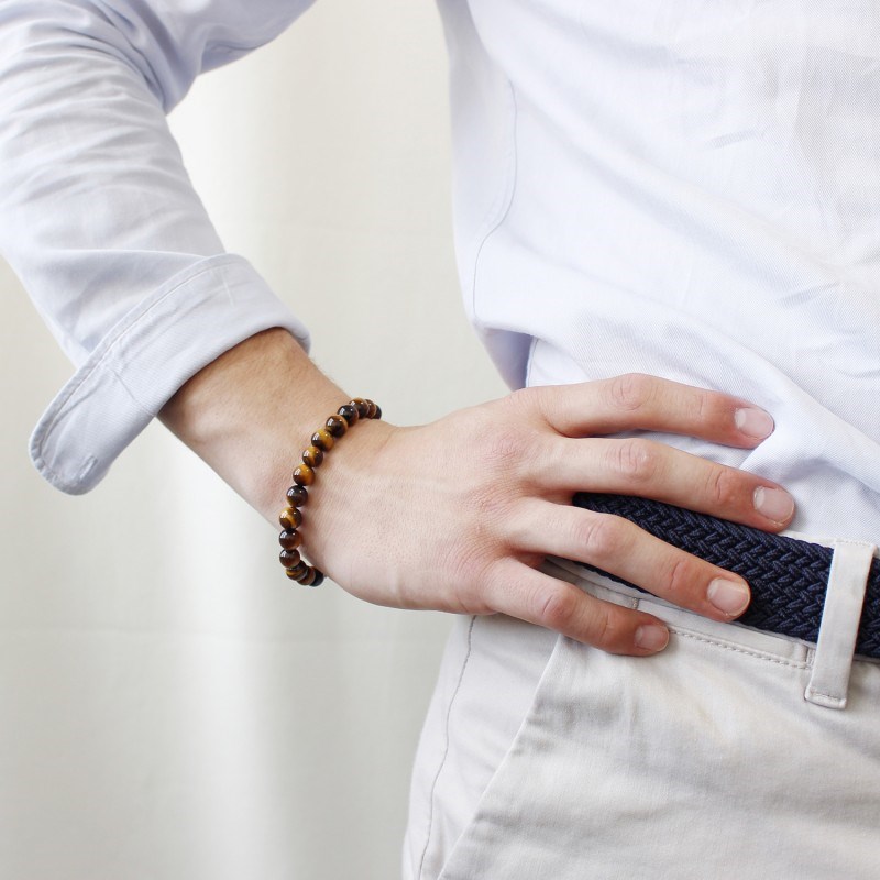 Bracelet perles oeil de tigre homme - gravure JE T'AIME