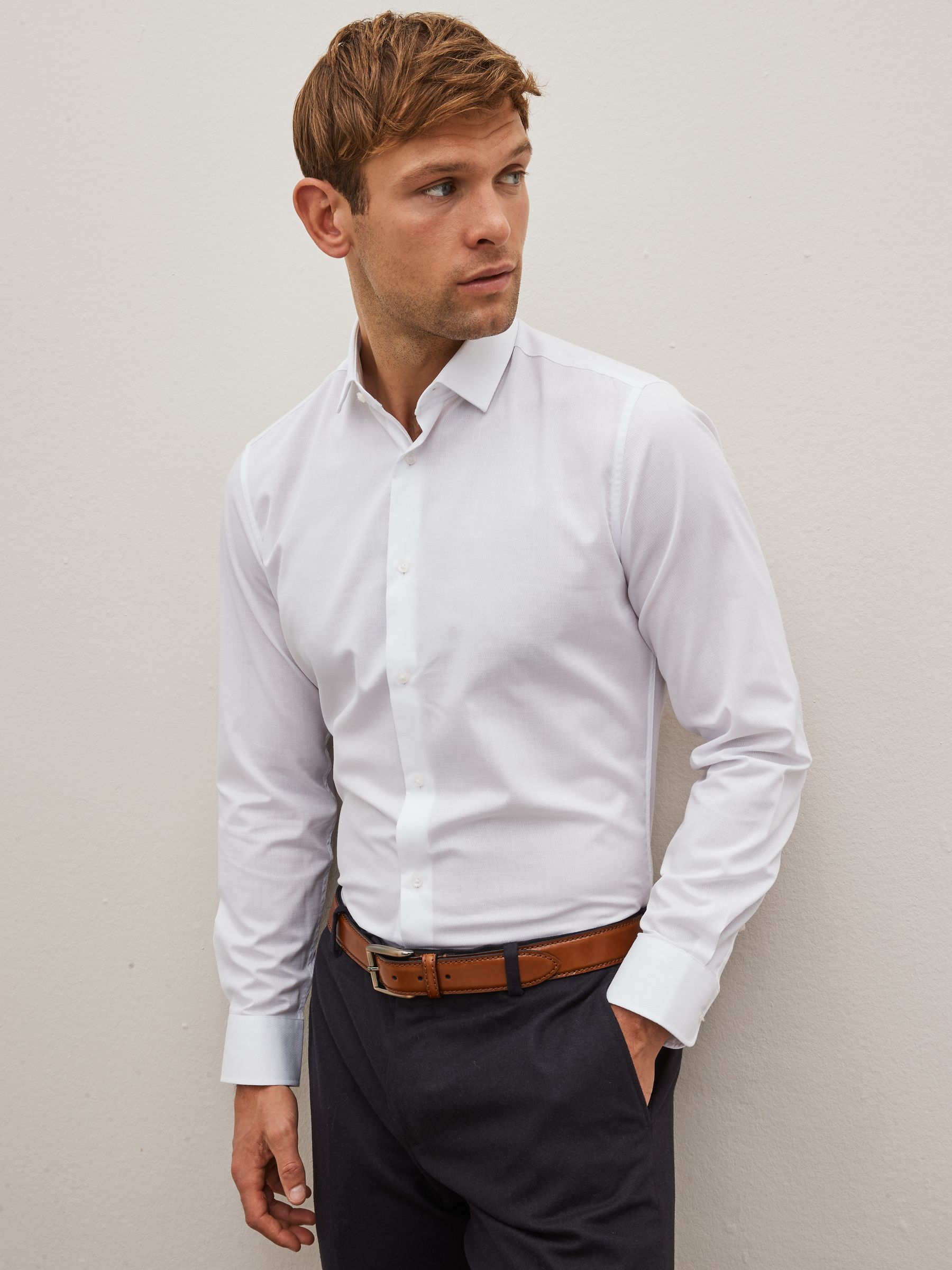 Wit - Strakke Pasvorm - Onderhoudsvriendelijk, getextureerd, slim fit overhemd met enkele manchet
