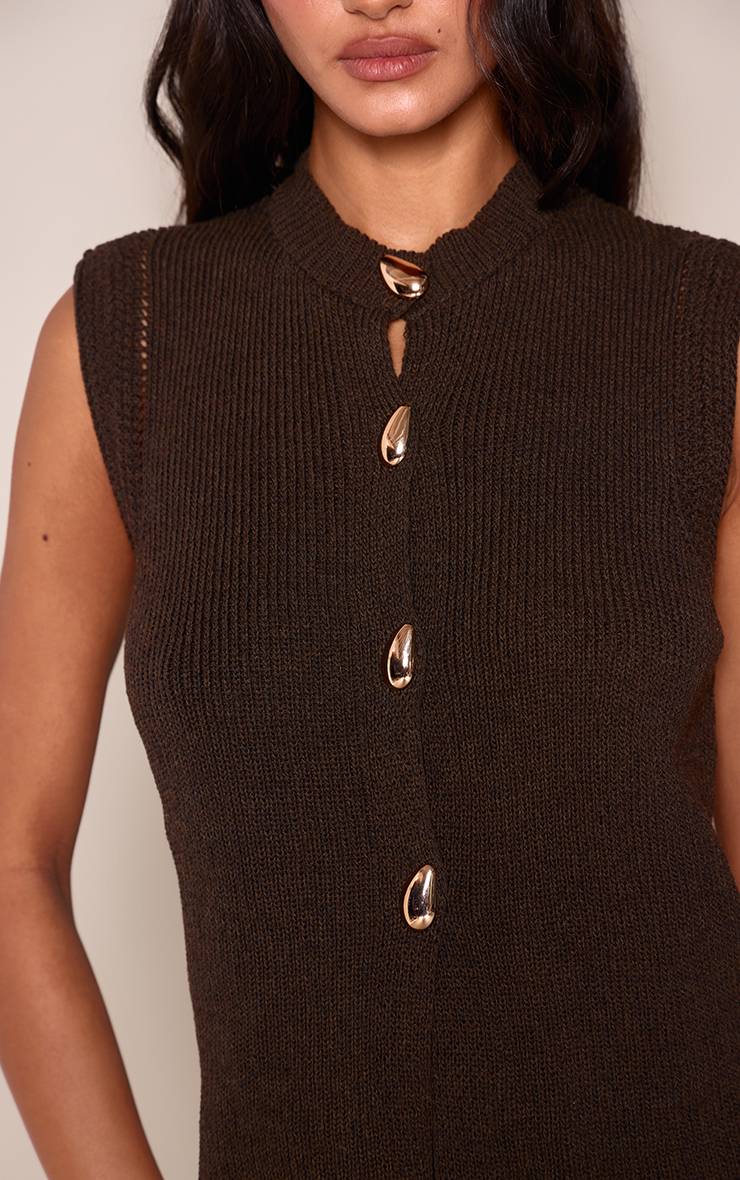 Chocolat Gilet Sans Manches Au Crochet Avec Bouton Doré