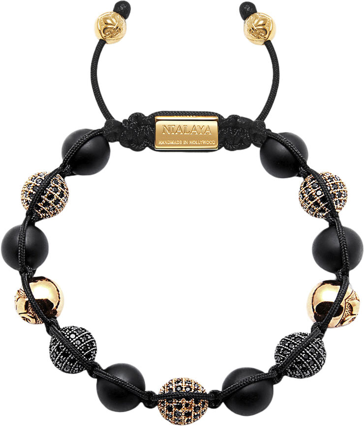 Nialaya Men's Beaded Bracelet with Matte Onyx and Black/Gold CZ Diam Black