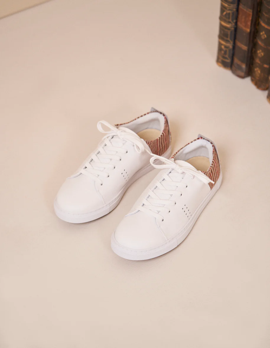 Baskets basses Renée - Cuir blanc et tartan brique