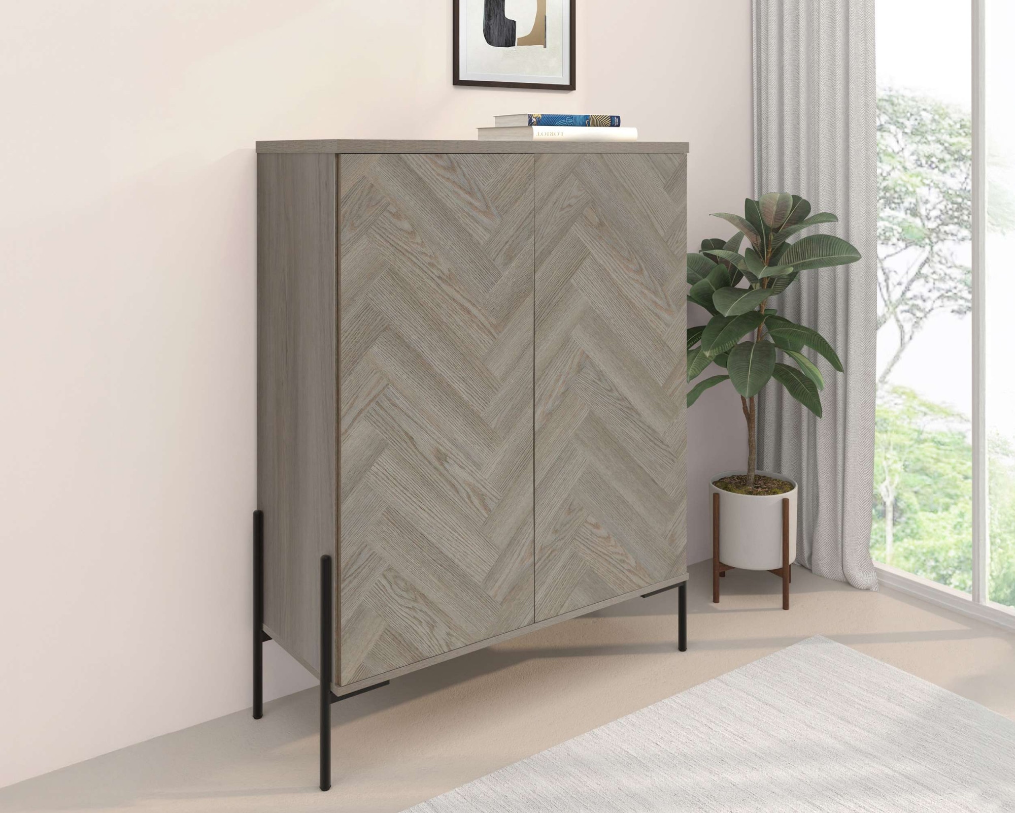 Leonique Highboard »Eadwine« Kommode, Midischrank, Push-to-open, Türen mit Fischgräten Muster