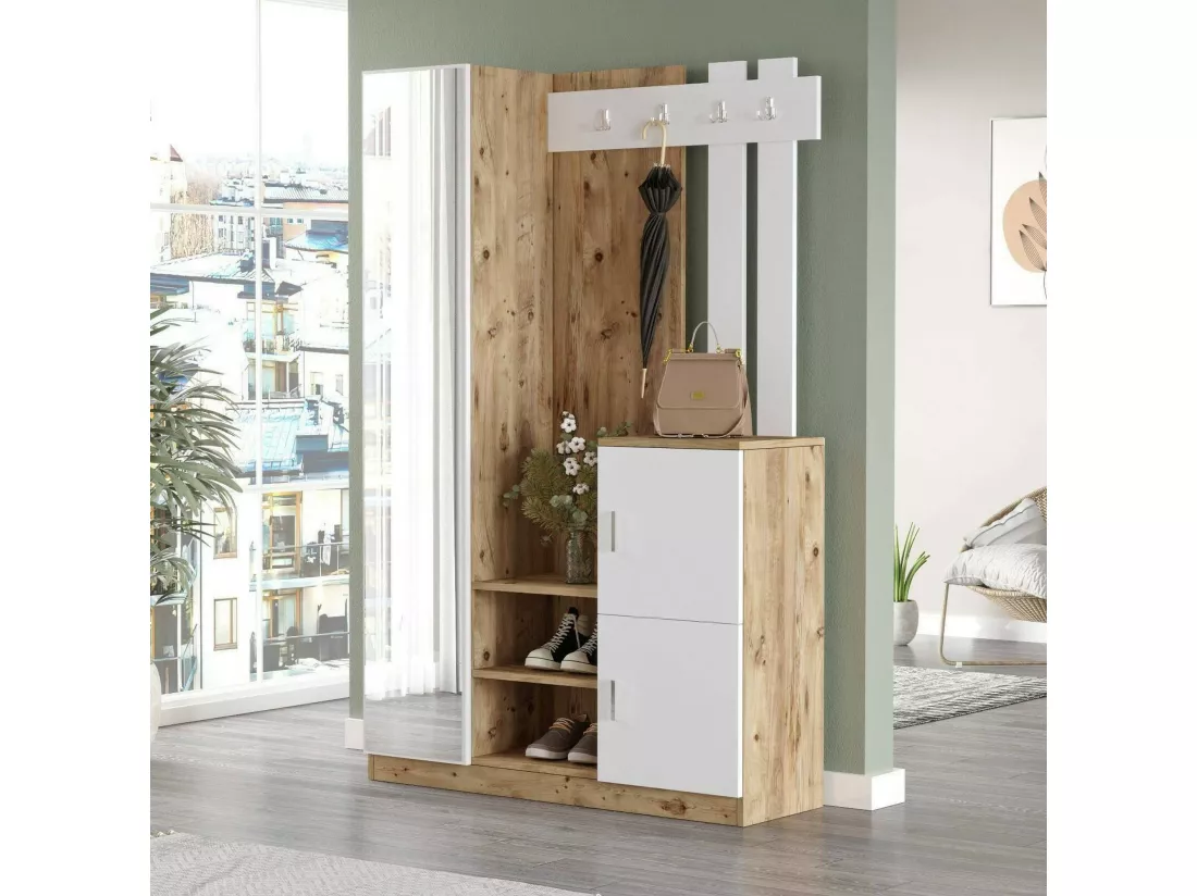 Meuble d'entrée Australis, Crochet d'entrée, Composition pour l'atrium, Console de rangement multifonction, 114x38h180 cm, Chêne et Blanc