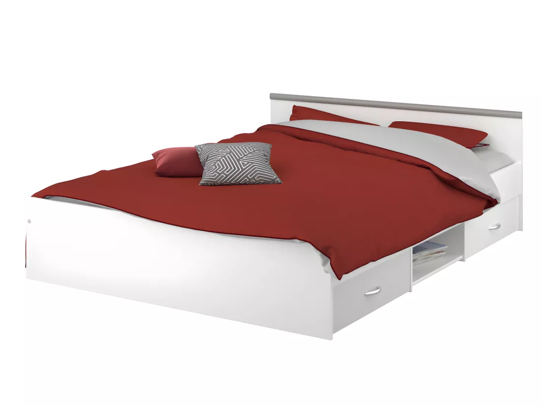 Lit avec rangements 140 x 190 cm - 2 tiroirs et 1 niche - Coloris : Blanc + Sommier - PABLO