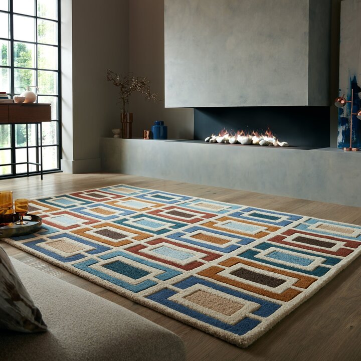 Retro vloerkleed - Ryano Blokken Blauw/Multicolor
