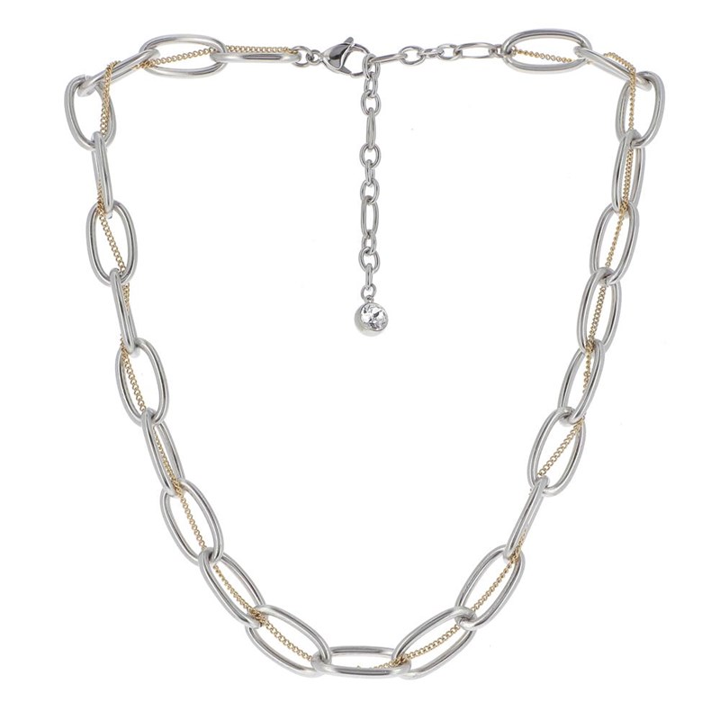 Collier en acier argenté et doré double chaîne en maille de différentes tailles, chaînette réglable, avec pierre Crystal Swarovski