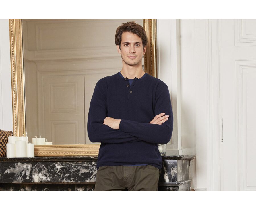 Pull laine homme col rond boutonné Bleu marine - CULIAN