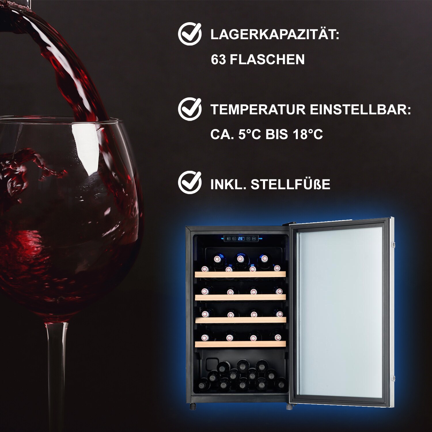 TroniTechnik® Weinkühlschrank, Getränkekühlschrank, 126 Liter, 63 Flaschen, Wein Kühlschrank Edelstahl-Optik, mit LED