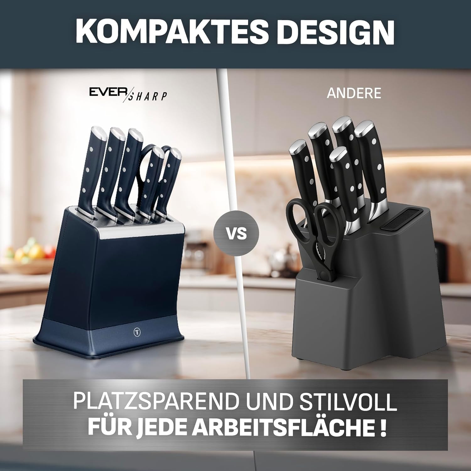 Tefal EverSharp Pro 6-teiliger Messer-Block, patentierte Schärftechnologie, selbstschärfender Messerblock, Verriegelungssystem, deutscher rostfreier Edelstahl, Blau, K297S744
