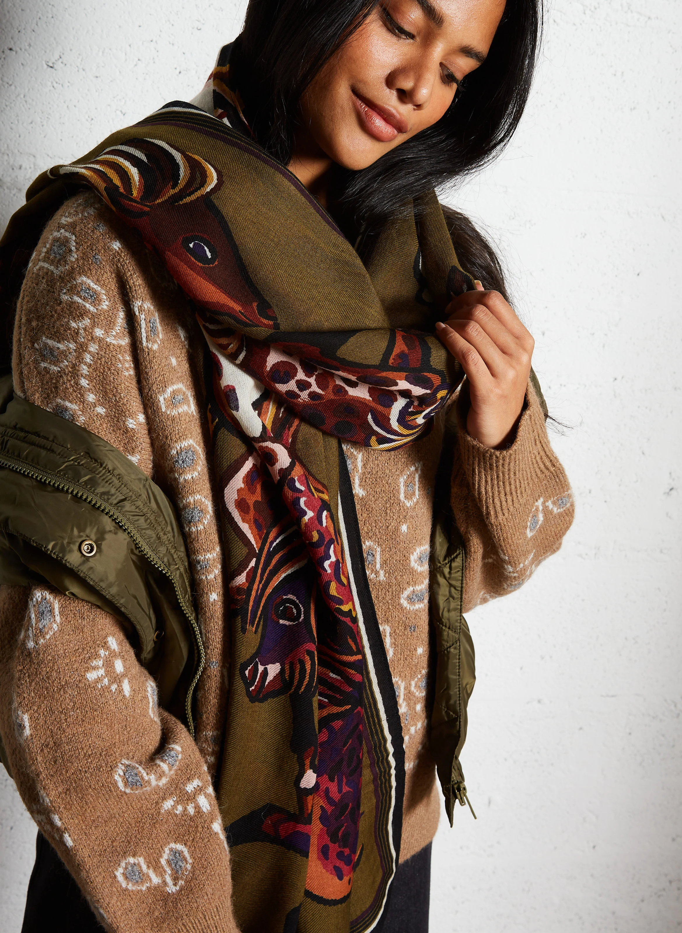 WESTERN - Foulard imprimé en laine | Kaki