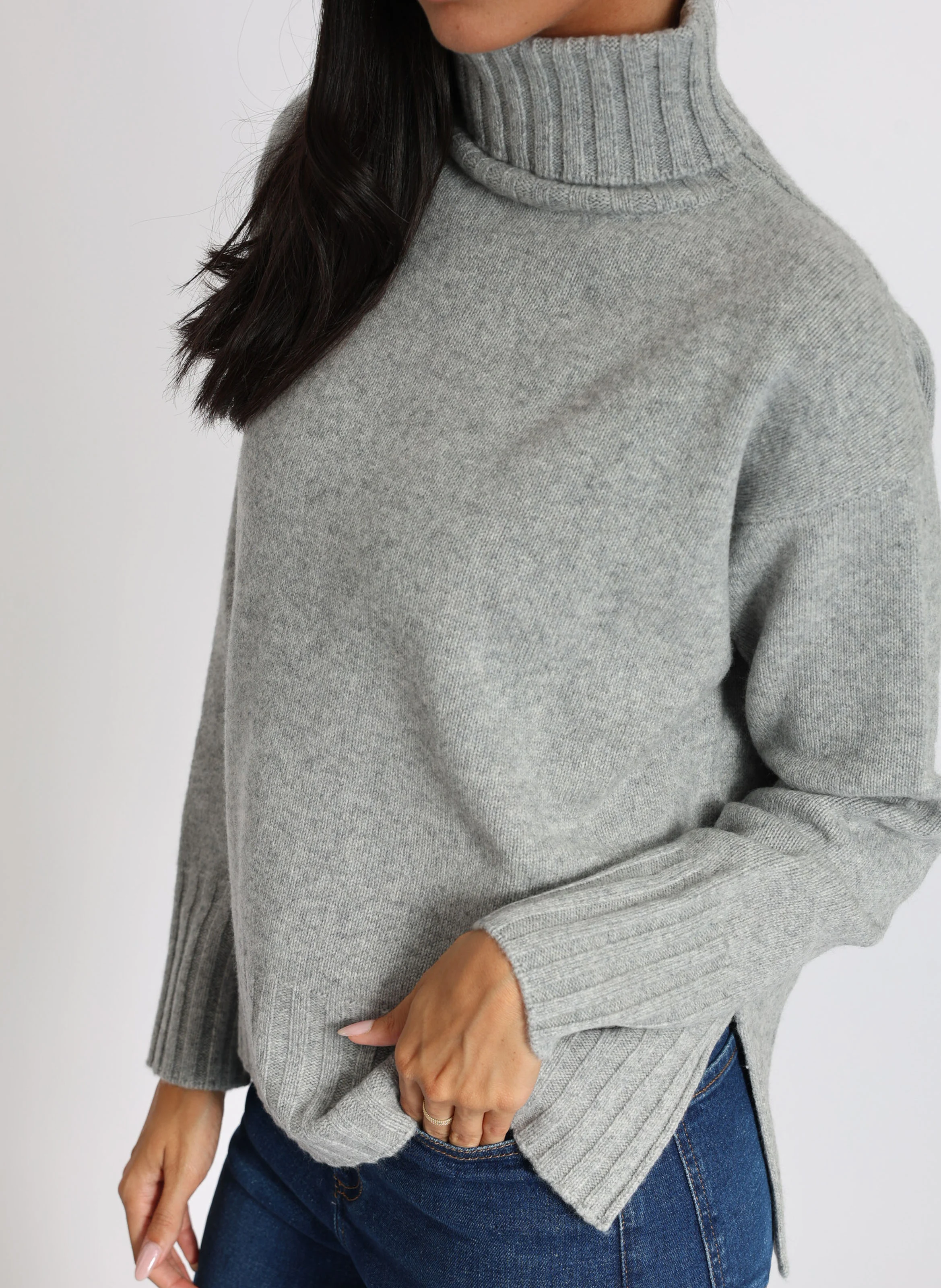 CELINA - Pull droit col roulé en laine mélangée | Gris