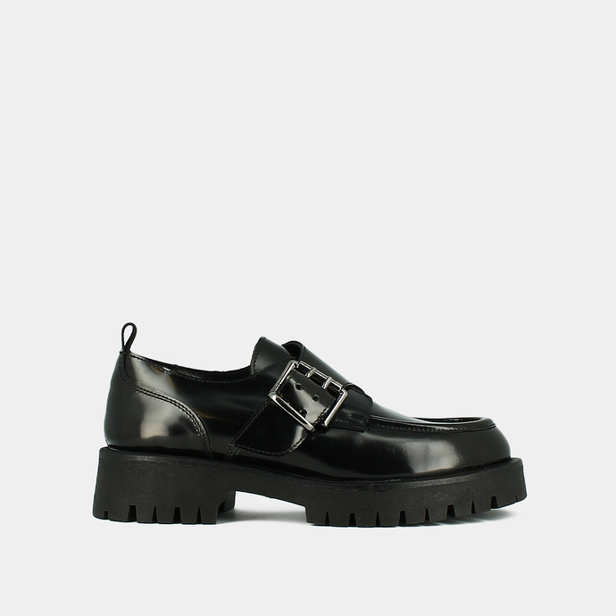 Derbies à talons plats, boucles et coutures apparentes  en cuir glacé noir