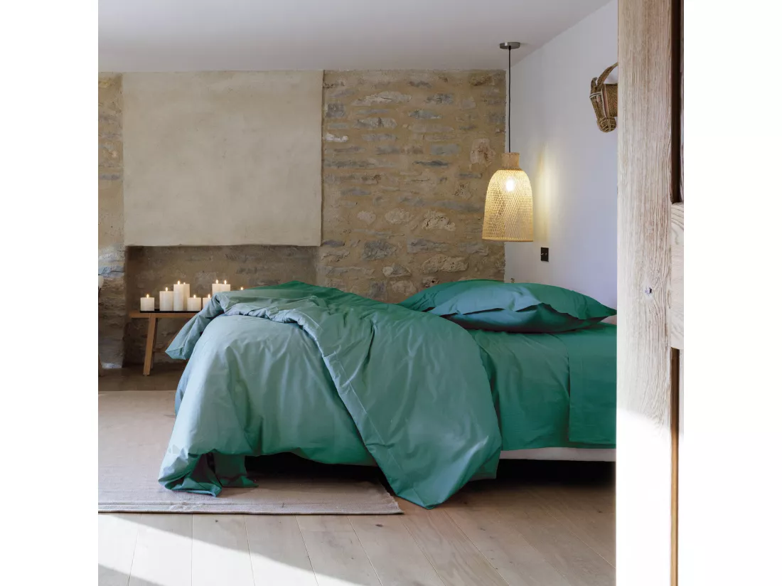 Drap plat 180x290 cm percale de coton MANOIR vert Opale