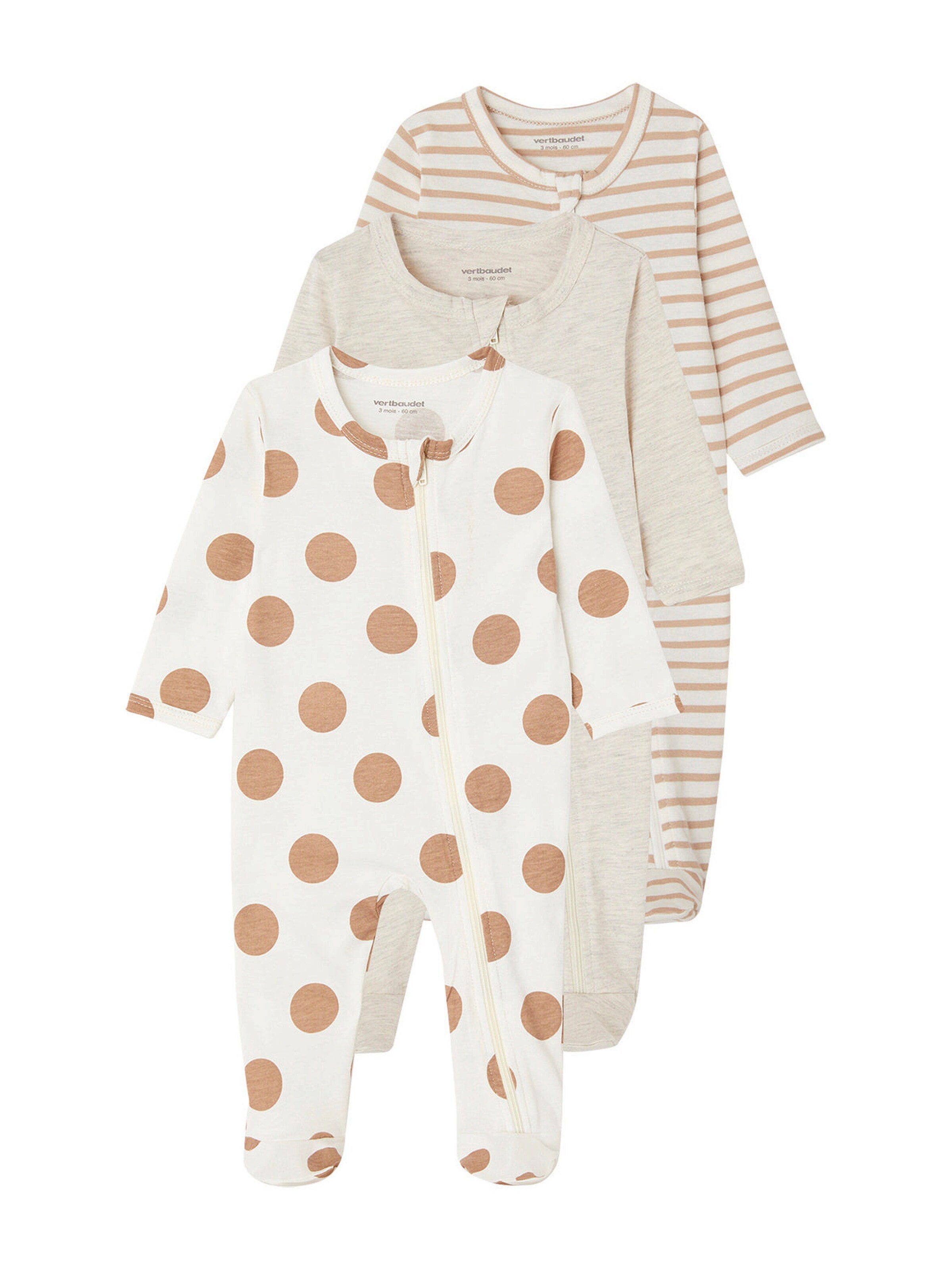 Vertbaudet 3er-Pack Baby Strampler mit Reißverschluss BASICS cappuccino
