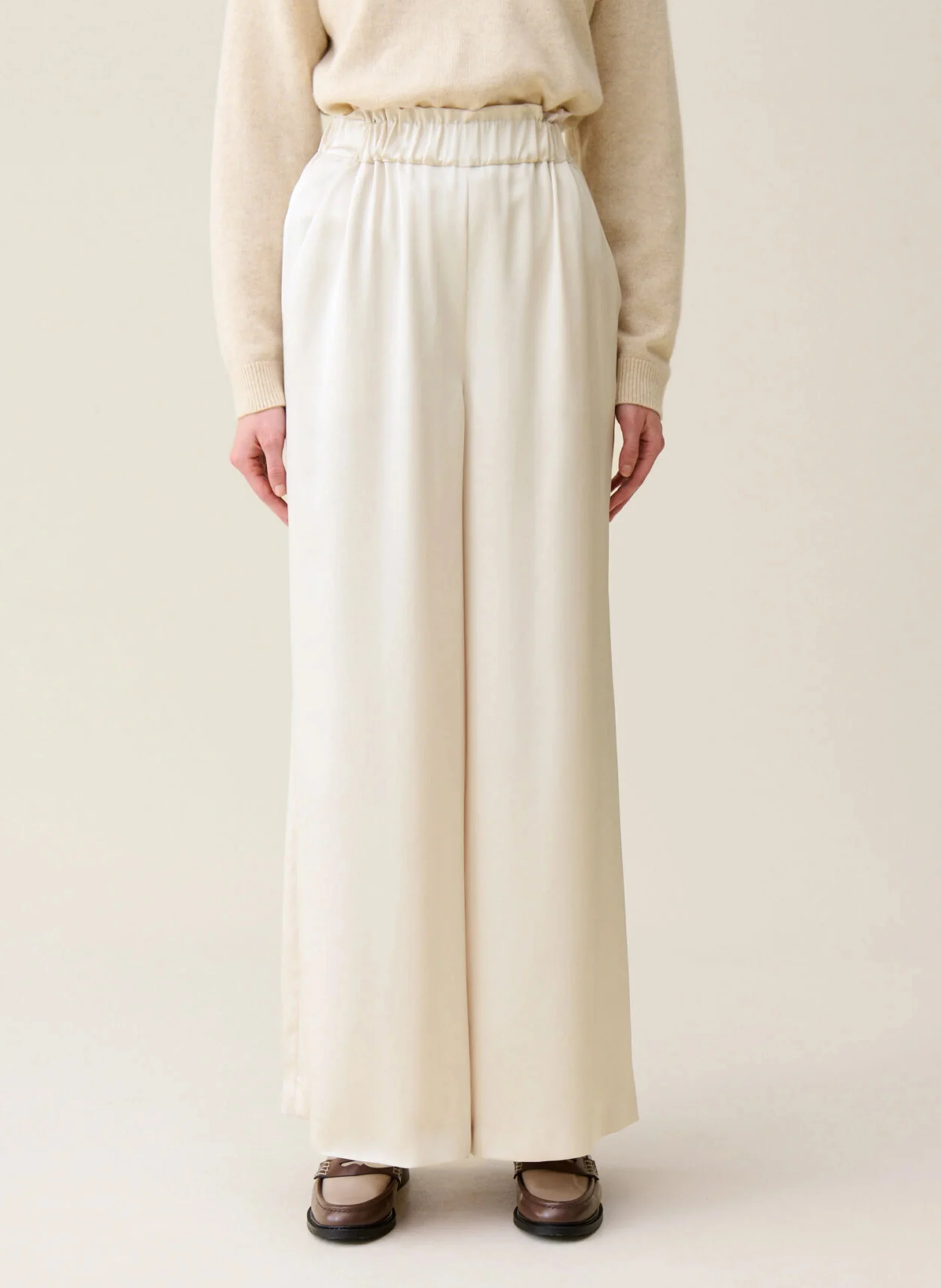 Pantalon large taille haute satiné | Beige
