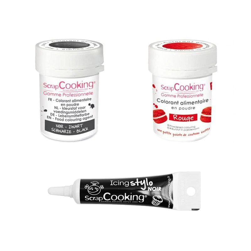 2 colorants alimentaires rouge-noir + Stylo glaçage noir Scrapcooking