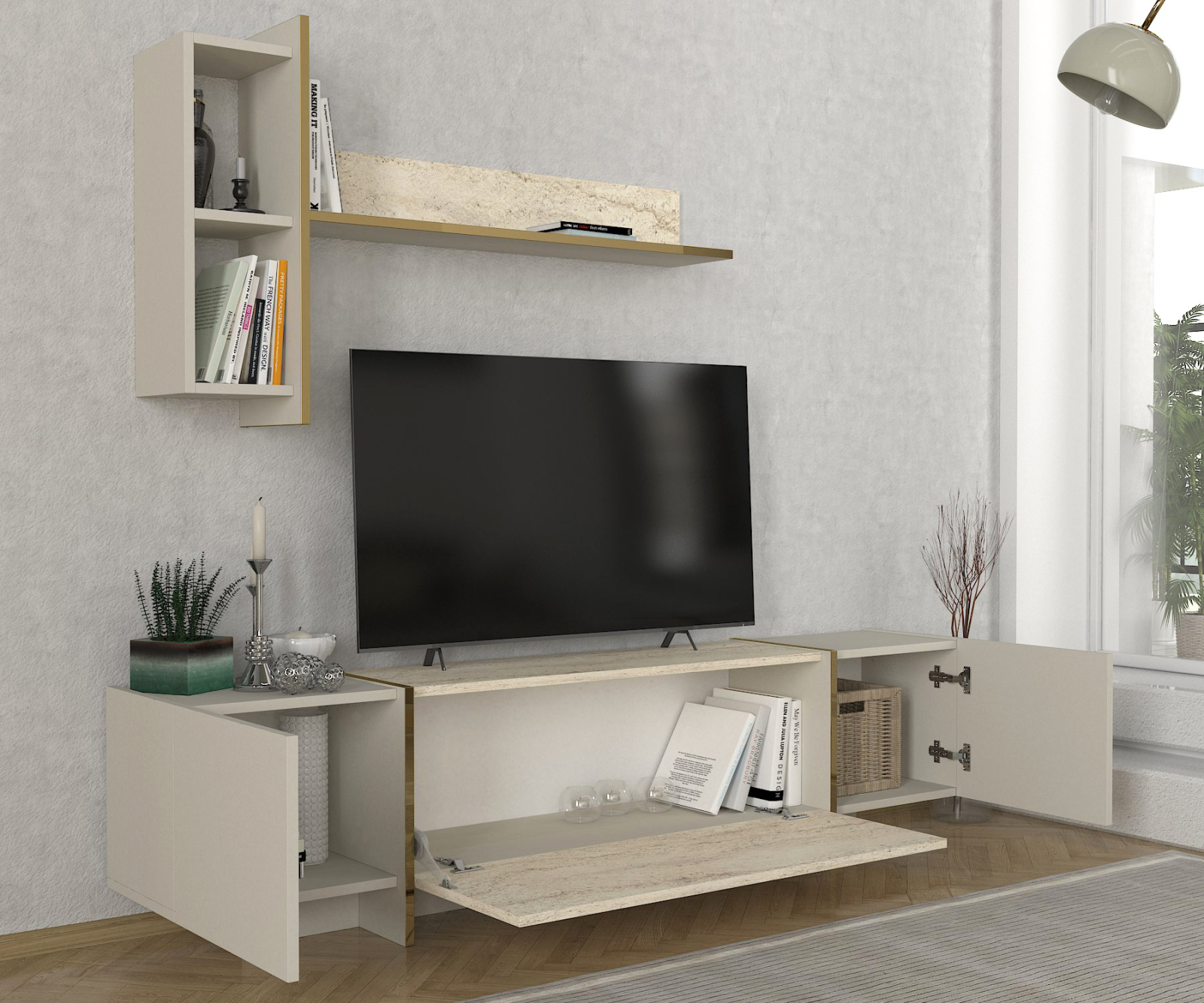2-teilige Wohnwand - beige-Granit Optik - 180 cm