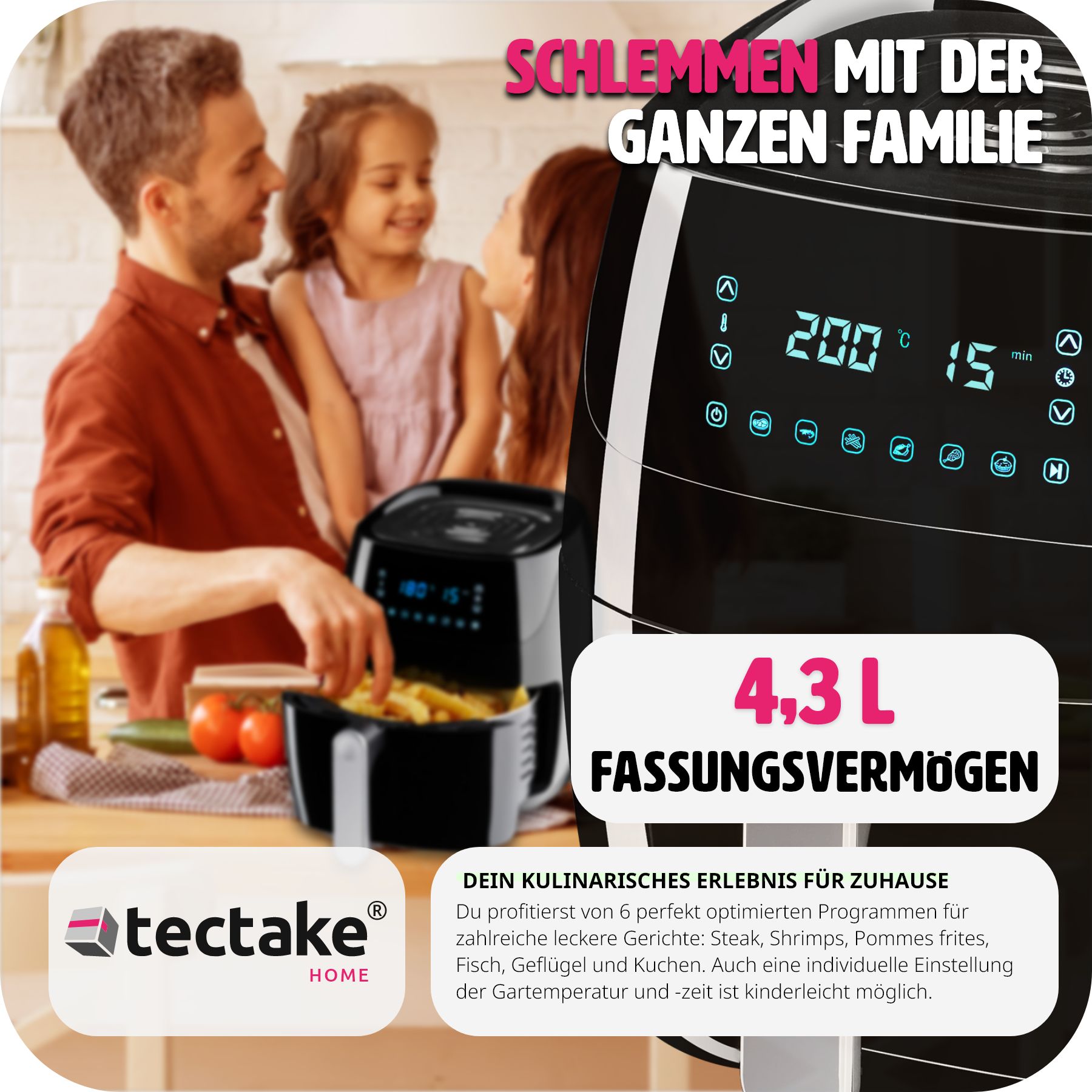 tectake® Heißluftfritteuse, 4,3 l, Timer und Temperatursteuerung, SGS-Zertifikat, inklusive Rezeptheft