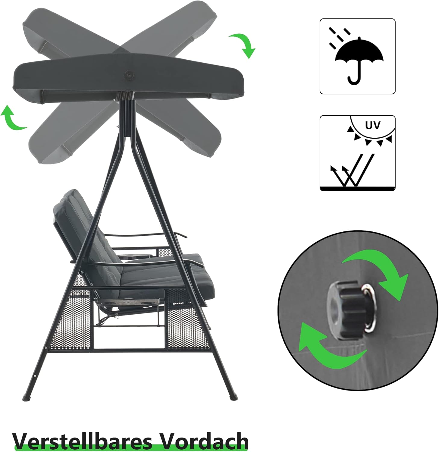 M MCombo 3-Sitzer Hollywoodschaukel, 4092 ohne Liegefunktion, Gartenliege wetterfest, Gartenschaukel Outdoor, Schaukelbank mit Sonnendach, (dunkgelgrau)