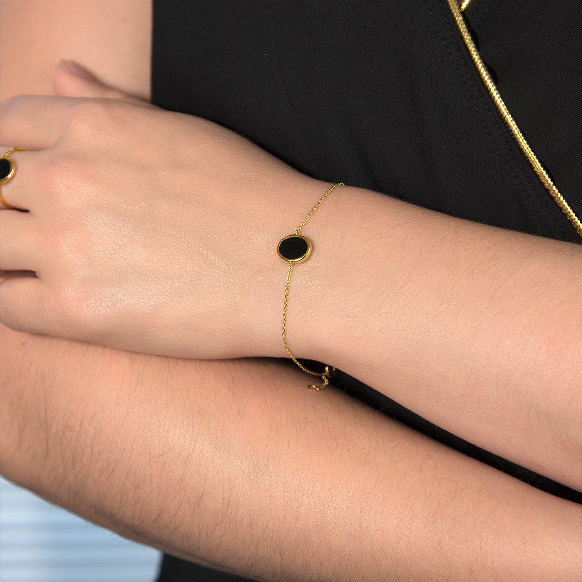 Bracelet or 750 jaune onyx ovale 18.5 cm