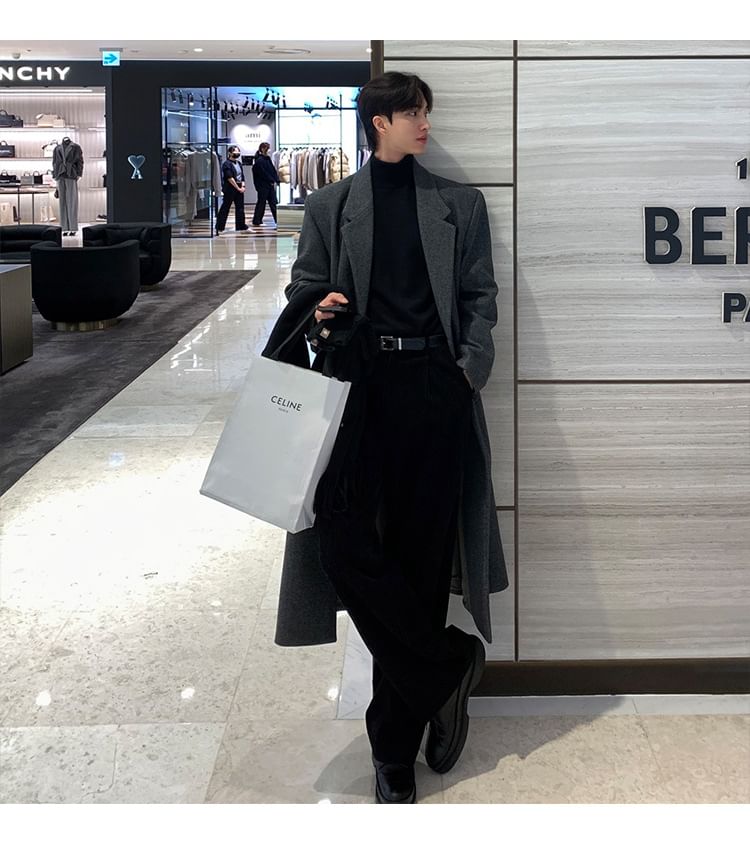 Omozando - Notch Lapel Plain Midi Single-Breasted Coat