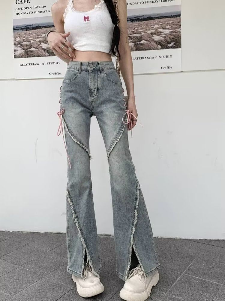 Wildfoea - High Rise Washed Lace Up Slit Fray Flared Jeans