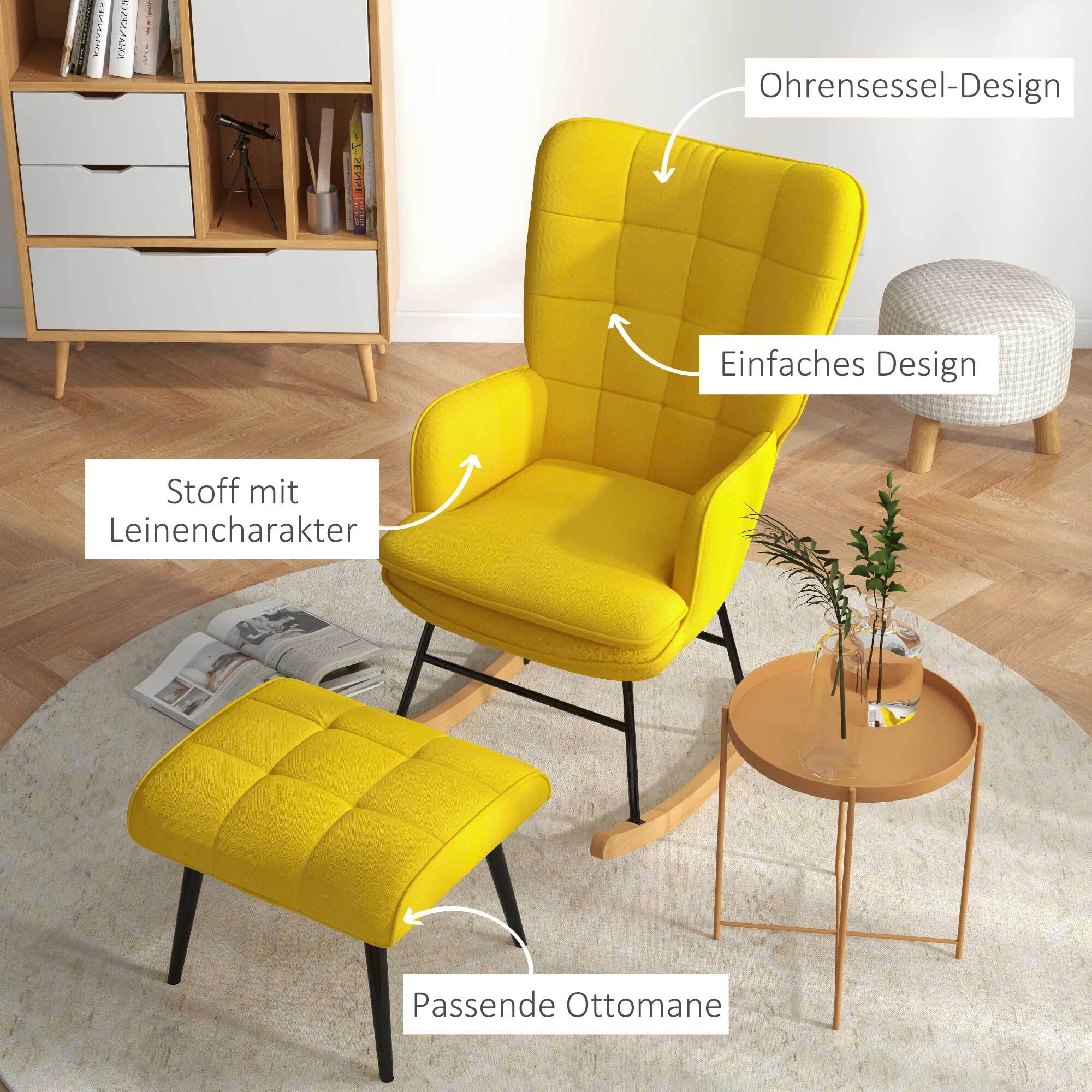 HOMCOM Schaukelstuhl mit Hocker und hoher Rückenlehne gelb 64L x 89B x 90H cm