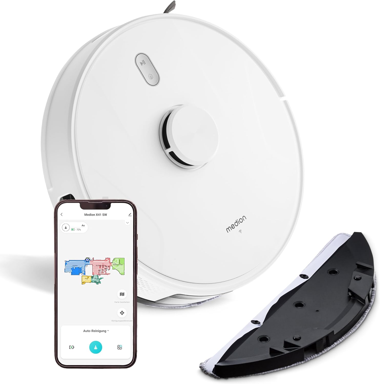 MEDION Saugroboter mit Lasernavigation und Wischfunktion X41 SW (Starke 8000Pa Saugkraft, 2in1 Roboterstaubsauger, präzise Kartenerstellung, Go & No Go Bereiche, mehrere Etagen)