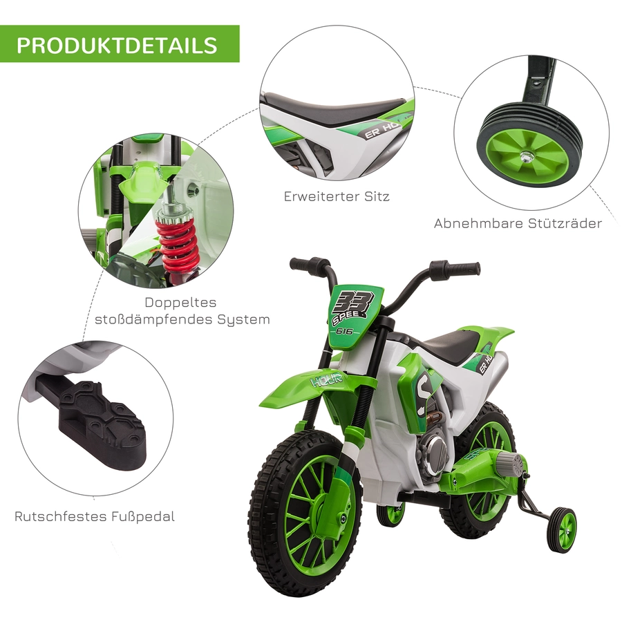 HOMCOM Kinder Elektromotorrad mit 2 abnehmbaren Stützrädern grün