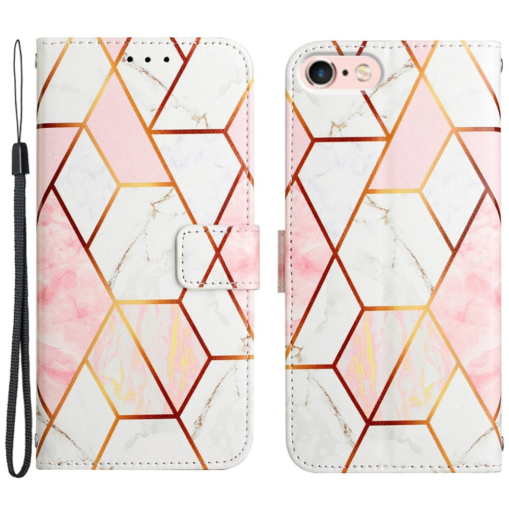 iPhone SE (2022/2020) / 8 / 7 / 6S Leder Tasche mit Kartenfach   Handschlaufe Geometrisches Muster - Rosa / Weiss
