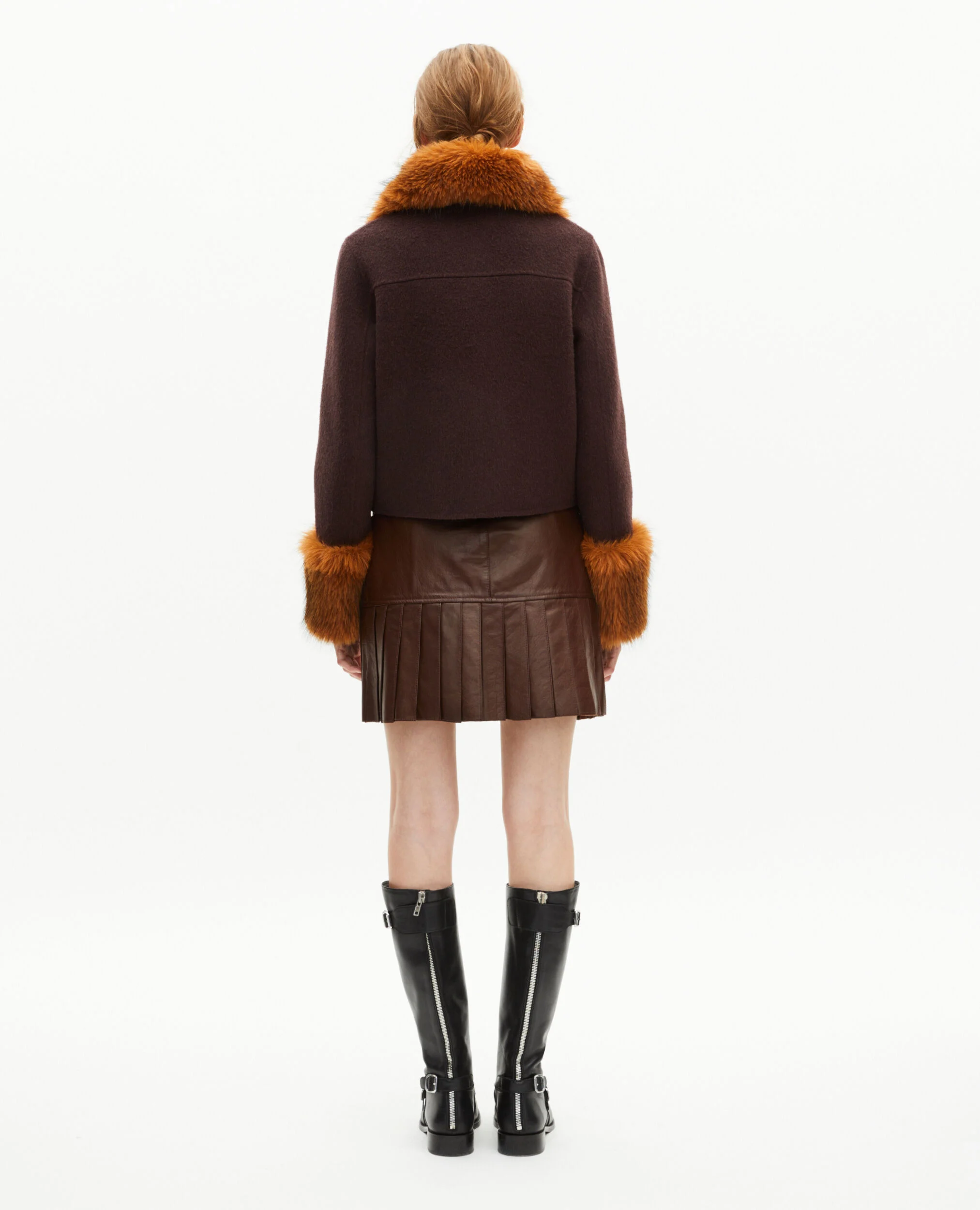 Blouson court en laine col sherpa marron