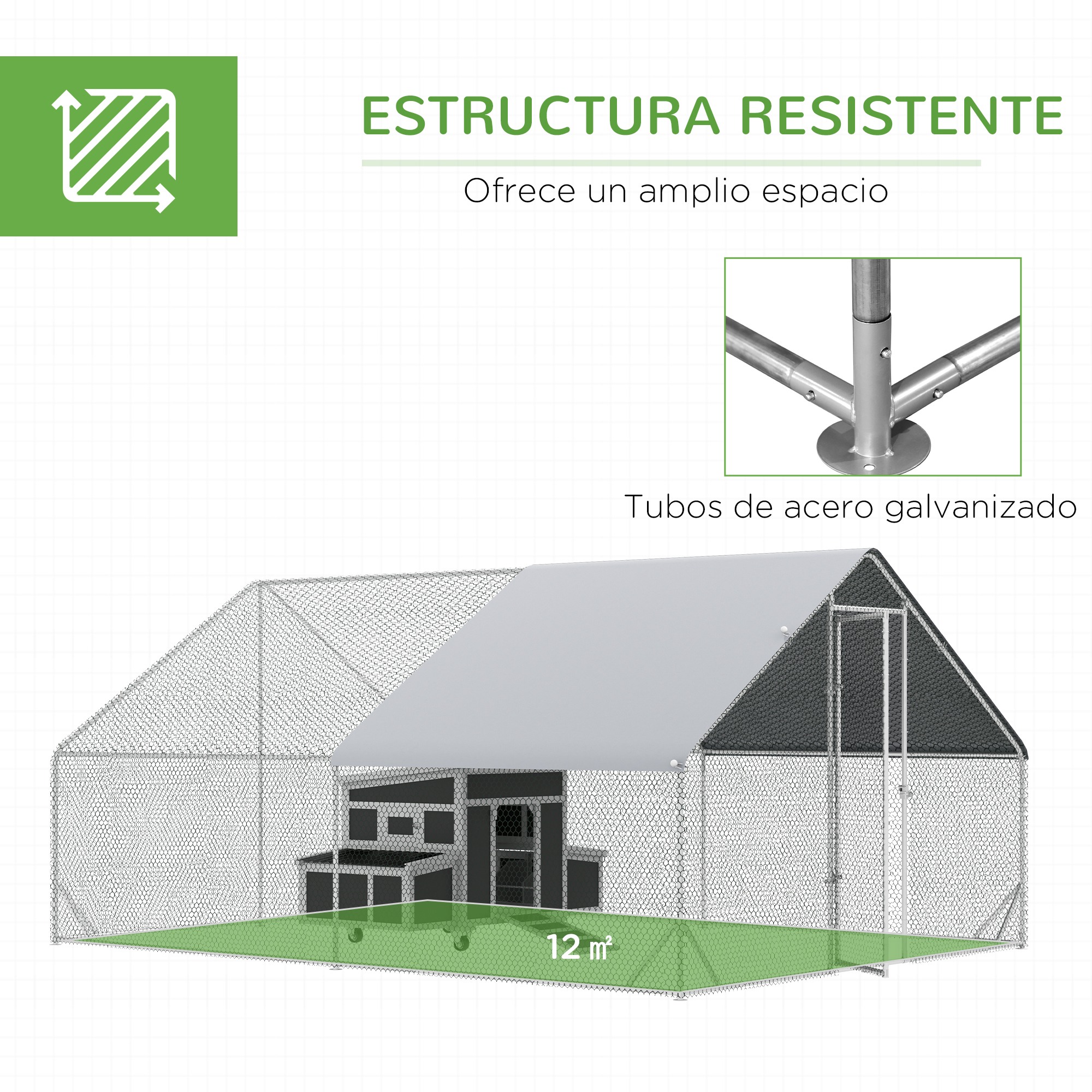 Conjunto PawHut composto por 1 galinheiro de madeira com 2 ninhos, bandeja removível (150x100x96,5 cm) e 1 galinheiro grande de aço galvanizado para exterior (3x8x2 m).
