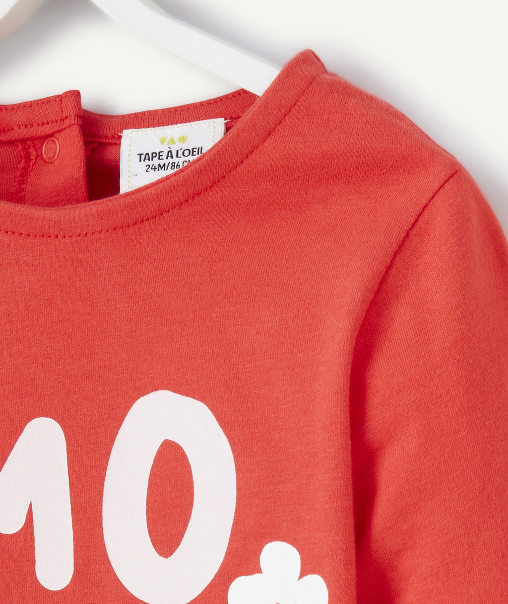 T-SHIRT MANCHES LONGUES BÉBÉ FILLE EN COTON BIO ROUGE AVEC MESSAGE