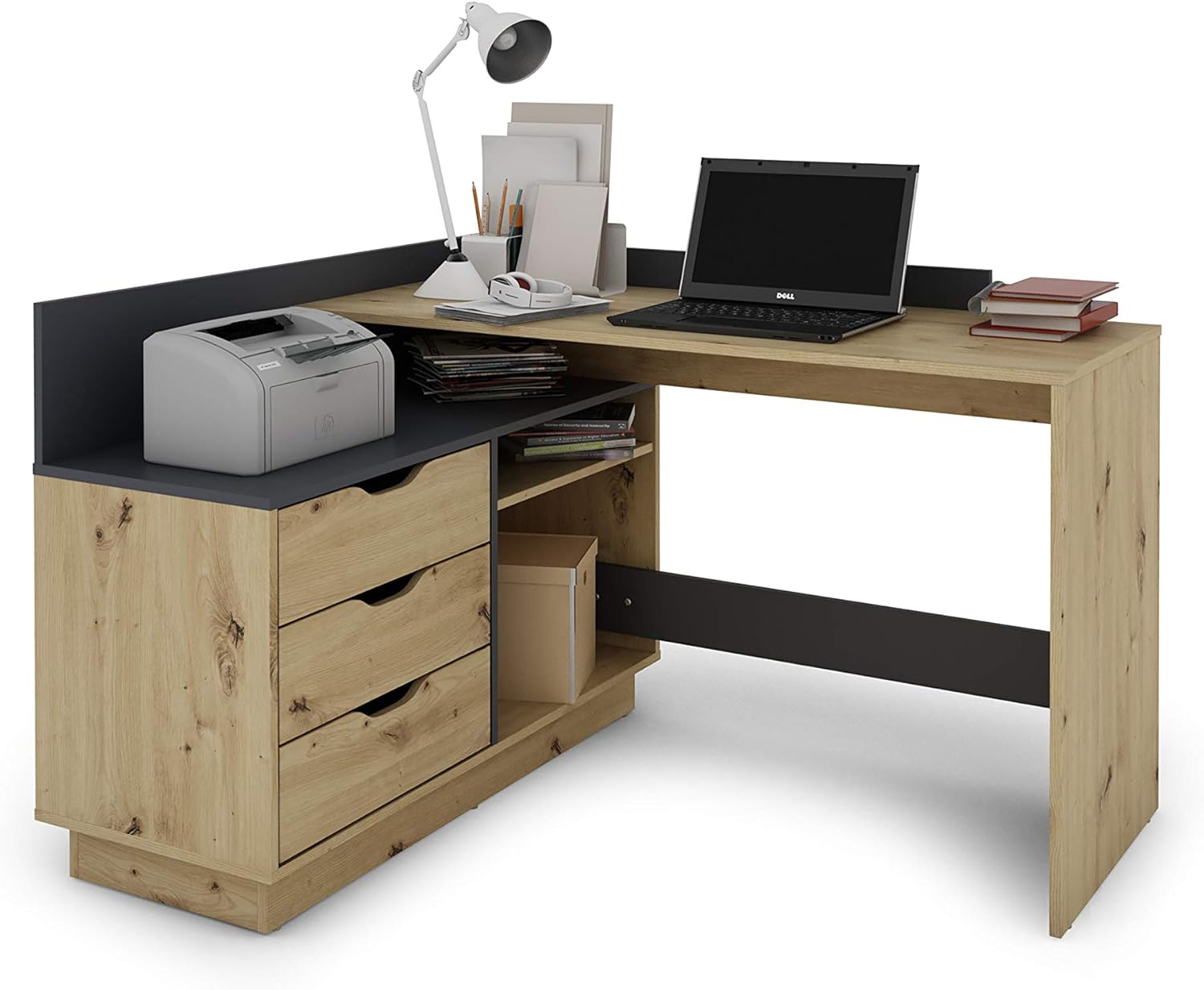 byLIVING Winkelschreibtisch Belfast/Rechts oder Links montierbar / 3 Schubkästen/Artisan Eichen-Optik - anthrazit/Bürotisch/Eckschreibtisch/Schreibtisch/B 129, H 83,5, T 105 cm