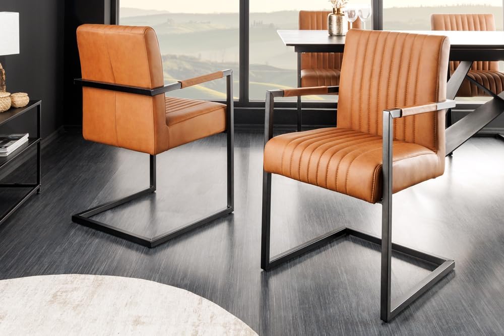 Riess Ambiente Moderner Freischwinger Stuhl Big Aston Echtleder - Vintage Cognac schwarz - Federkern Metall Esszimmerstuhl Ziersteppung