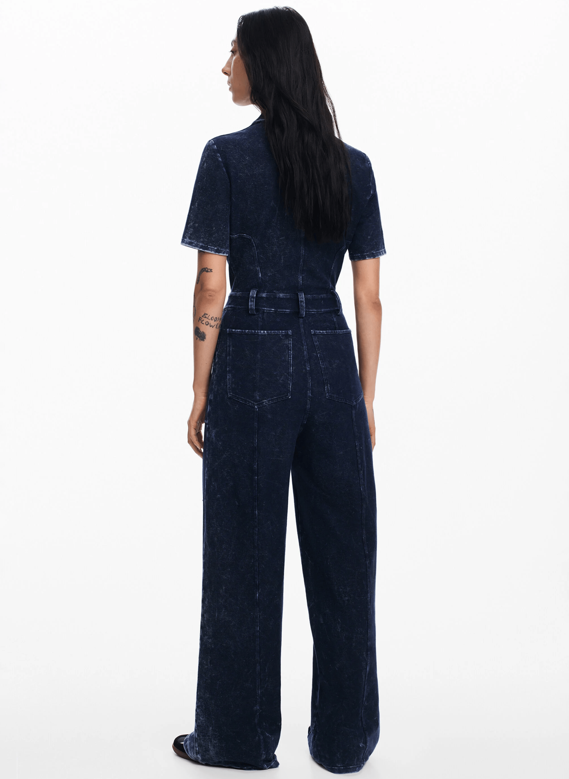 Combinaison col classique en denim de coton mélangé | Bleu