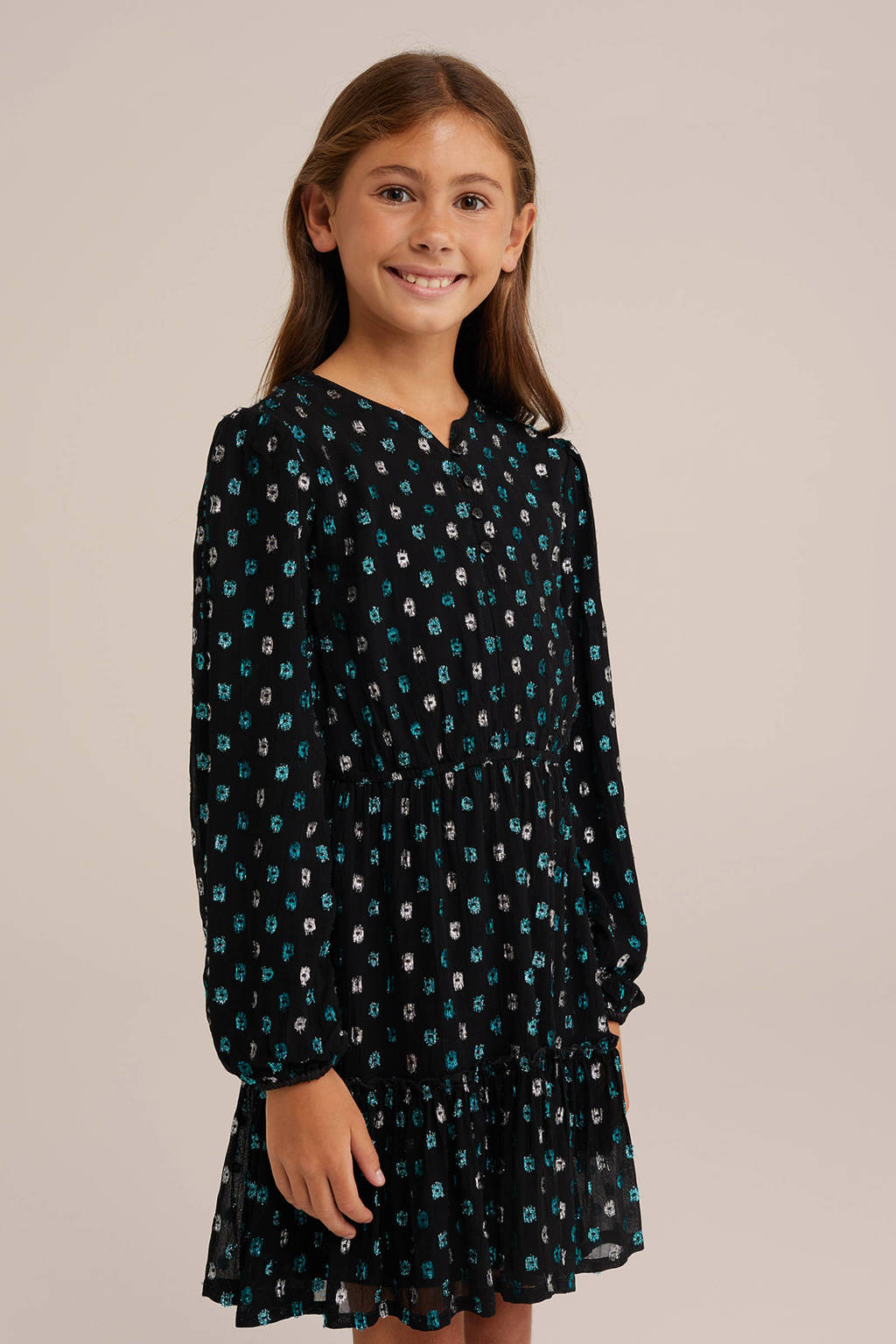 WE Fashion blousejurk met stippen en glitters zwart/blauw/zilver