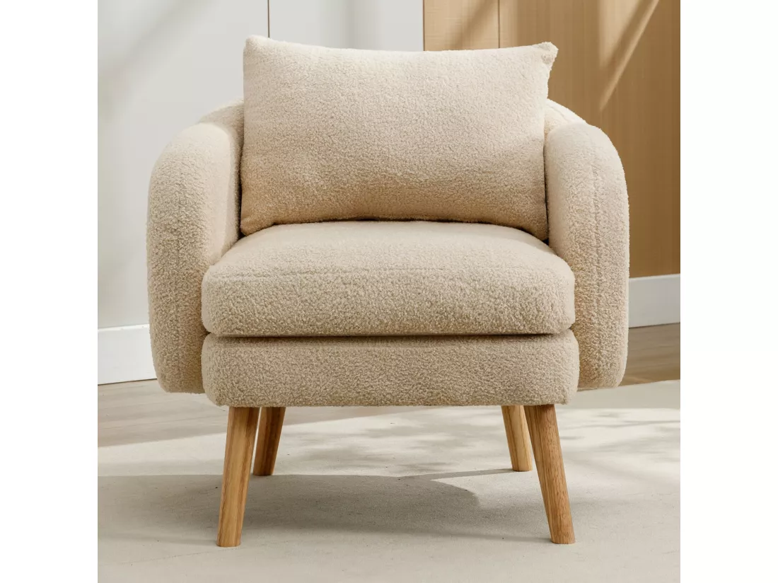 Fauteuil en tissu teddy avec coussin - pieds en bois massif - beige