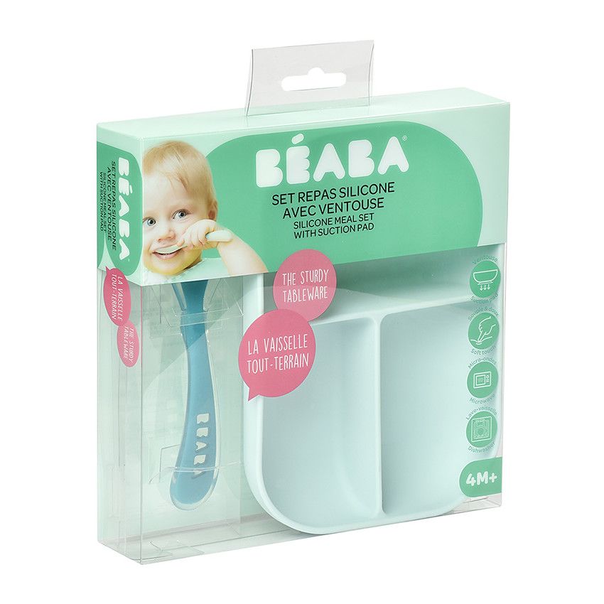 Set repas compartimenté en silicone avec ventouse - Bleu - Ecru