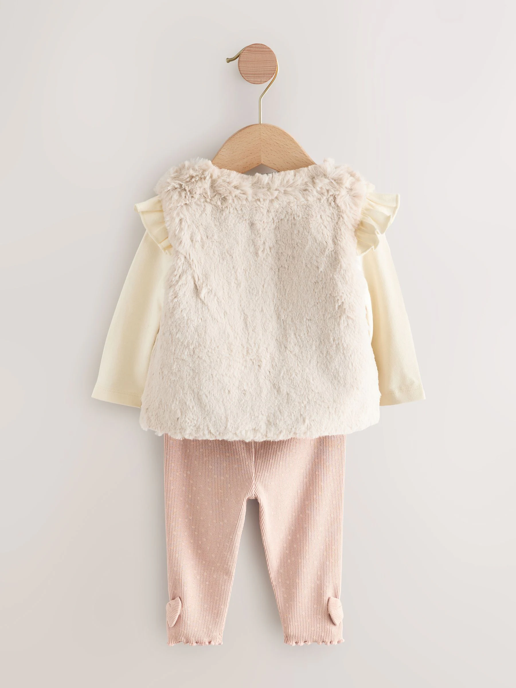 Roze/crème - 3 -delige babyset met bontgilet, top en leggings (0mnd -2jr)